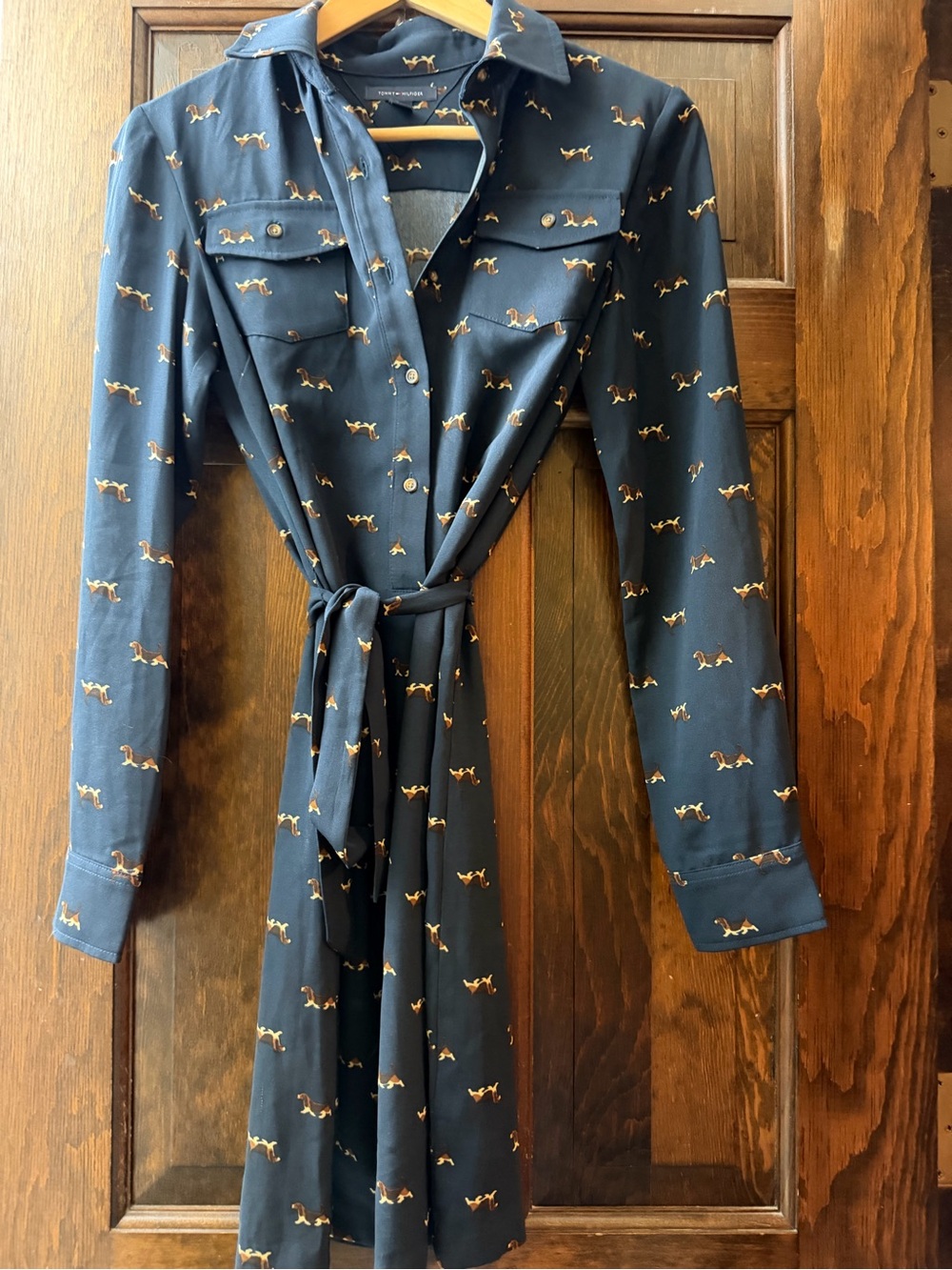 Tommy Hilfiger Navy Shirt Dress with Dog Print and Tie Waist
